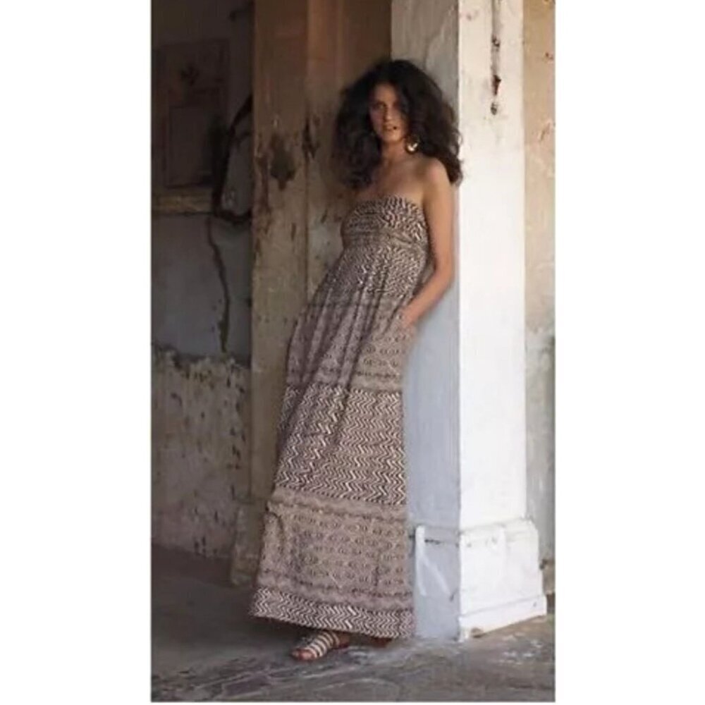 Anthropologie Edme & Esyllte Dress Women 0 Ivory Brown Strapless Hypnotic Maxi